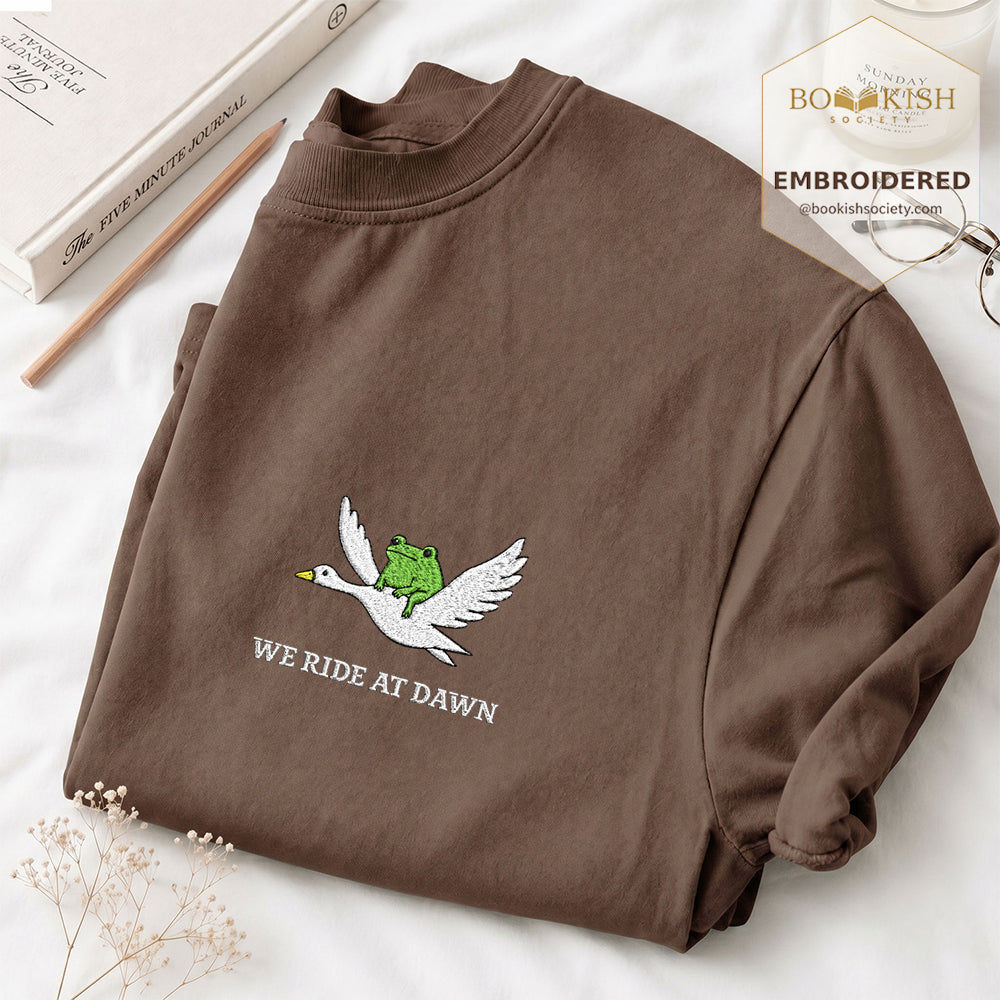 Embroidered We Ride at Dawn Comfort Color ® T-shirt Book Lover Gift Espresso