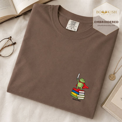 Embroidered Huzzah Cute Frog Comfort Color ® T-shirt Book Lover Gift Espresso