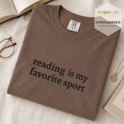 Embroidered Reading Is My Favorite Sport Comfort Color® T-shirt Book Lover Gift Espresso