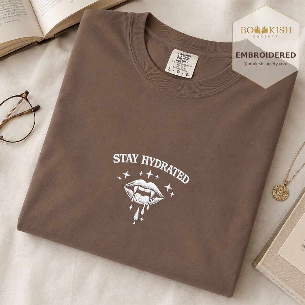 Embroidered Stay Hydrated Comfort Color ® T-shirt Book Lover Gift Espresso