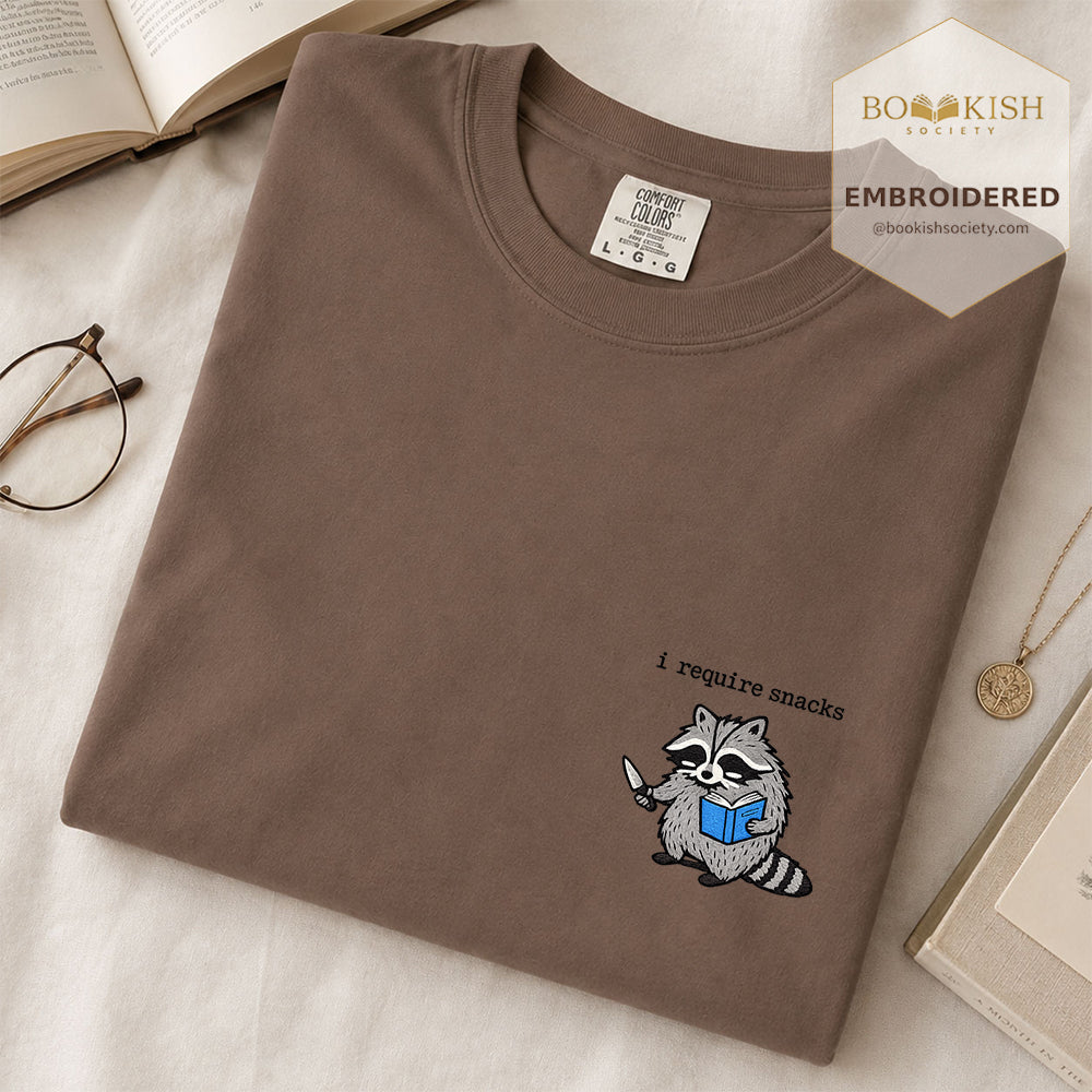 Embroidered I Require Snacks Comfort Color ® T-shirt Book Lover Gift Espresso