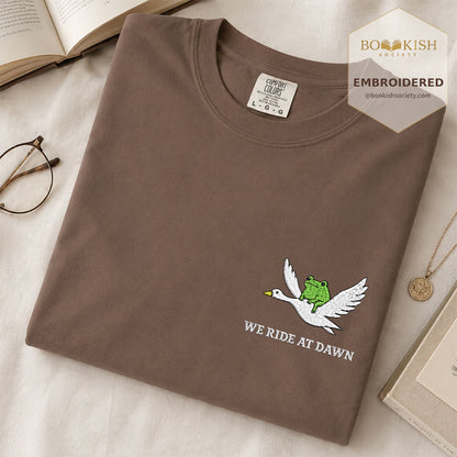 Embroidered We Ride at Dawn Comfort Color ® T-shirt Book Lover Gift Espresso
