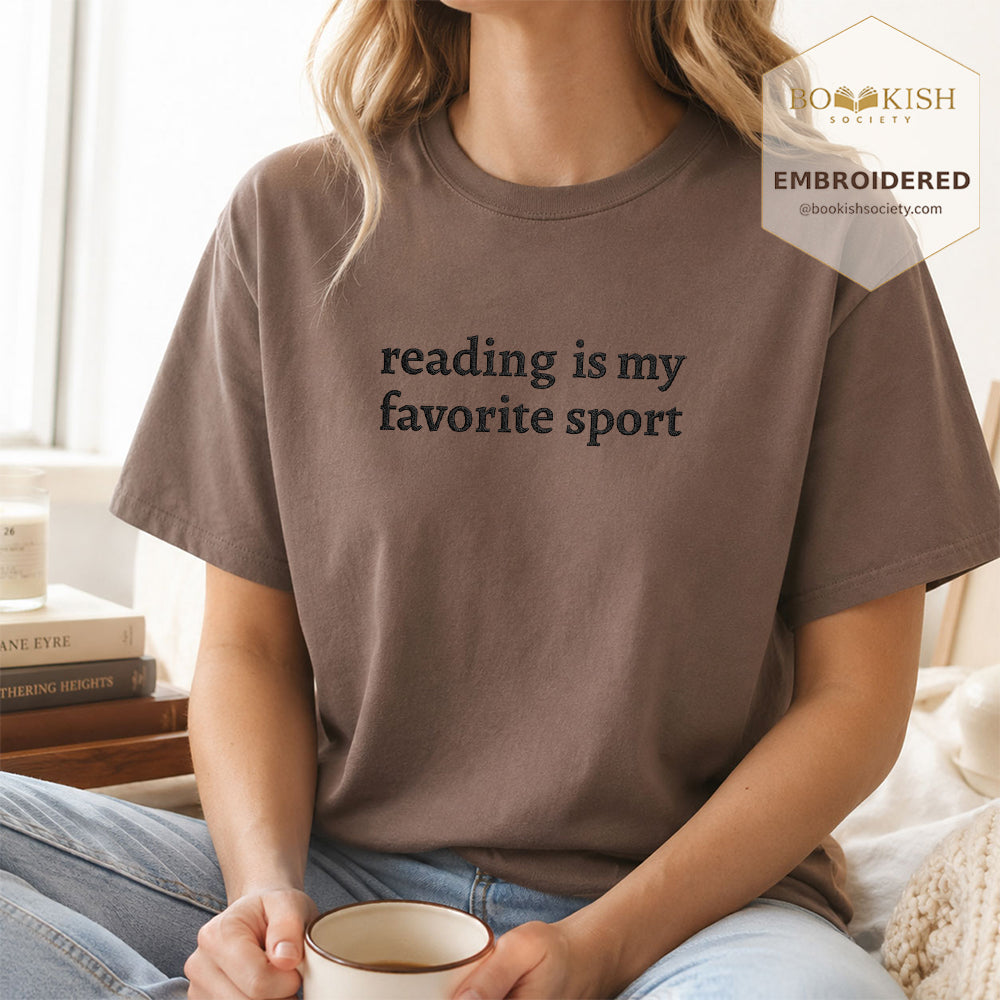 Embroidered Reading Is My Favorite Sport Comfort Color® T-shirt Book Lover Gift Espresso