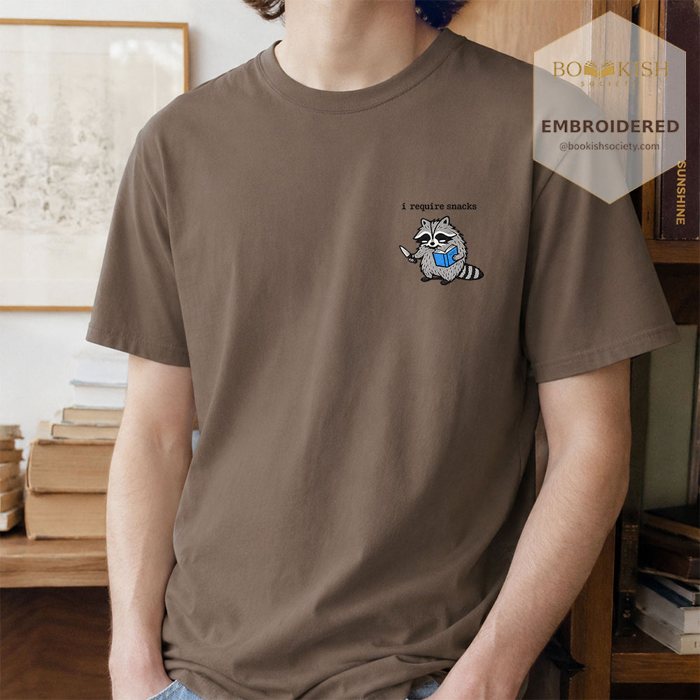 Embroidered I Require Snacks Comfort Color ® T-shirt Book Lover Gift Espresso