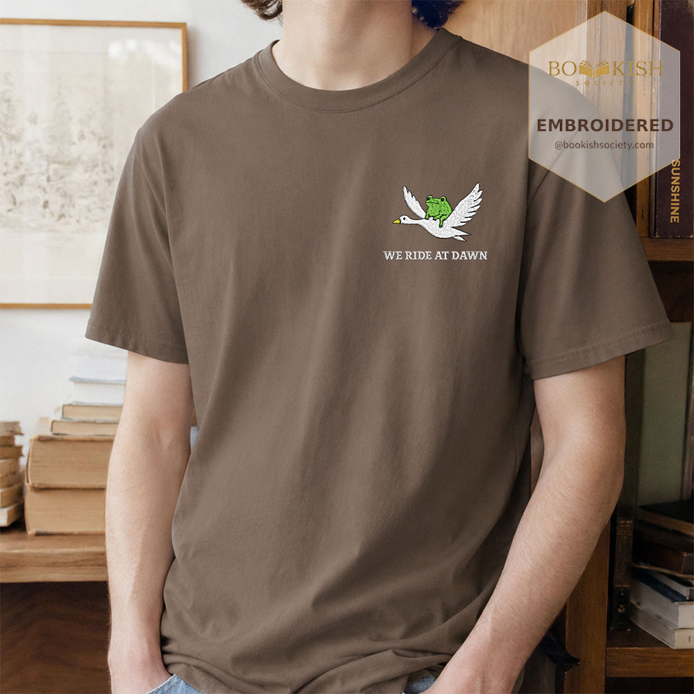 Embroidered We Ride at Dawn Comfort Color ® T-shirt Book Lover Gift Espresso