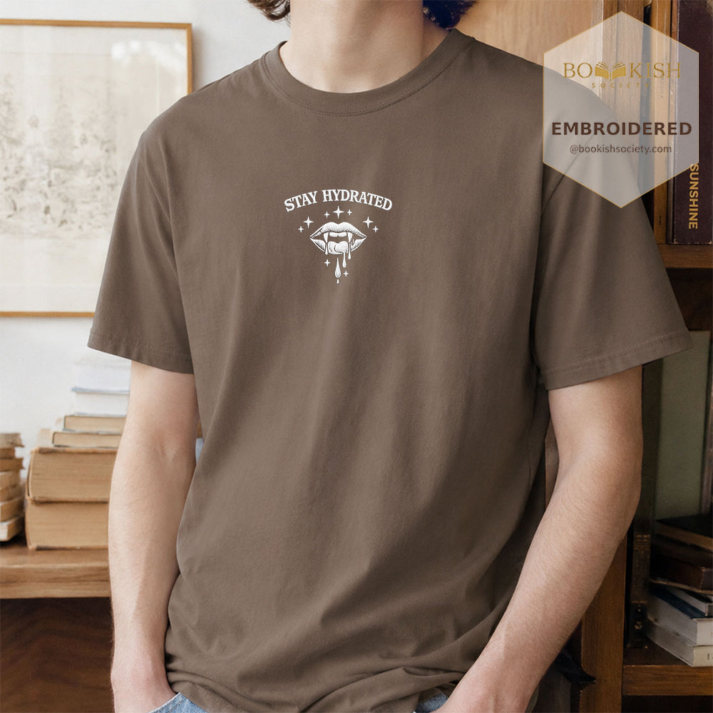 Embroidered Stay Hydrated Comfort Color ® T-shirt Book Lover Gift Espresso