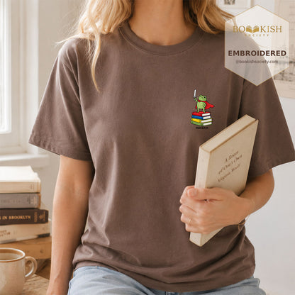 Embroidered Huzzah Cute Frog Comfort Color ® T-shirt Book Lover Gift Espresso