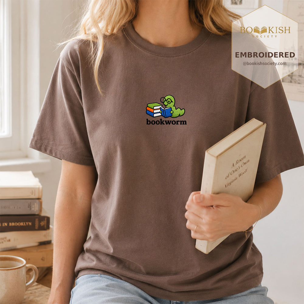 Embroidered Bookworm Comfort Color ® T-shirt Book Lover Gift Espresso