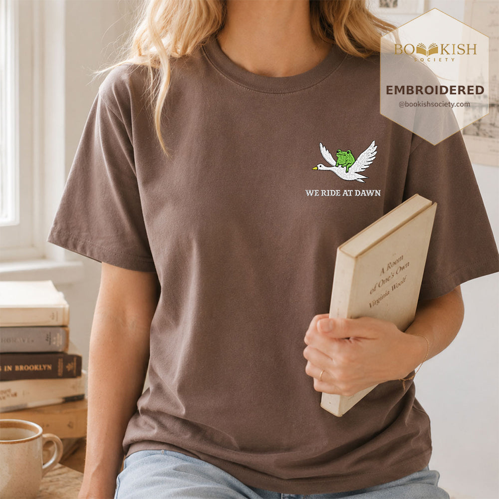 Embroidered We Ride at Dawn Comfort Color ® T-shirt Book Lover Gift Espresso