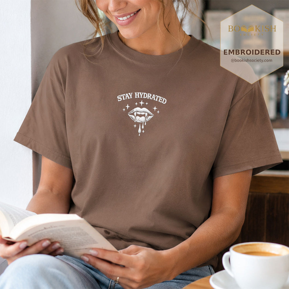 Embroidered Stay Hydrated Comfort Color ® T-shirt Book Lover Gift Espresso