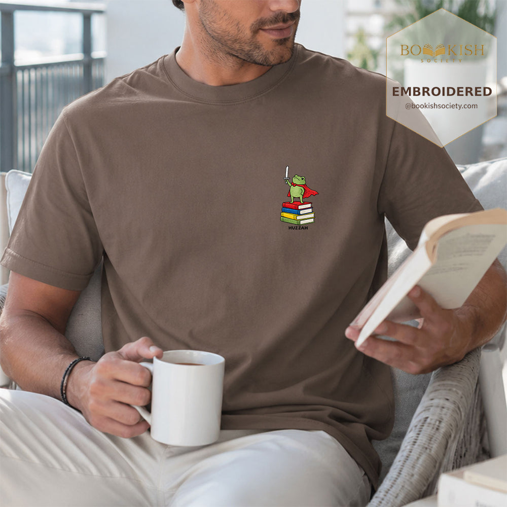 Embroidered Huzzah Cute Frog Comfort Color ® T-shirt Book Lover Gift Espresso