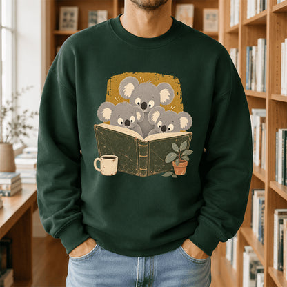 Minimal Japanese Koalas Reading Crewneck Sweatshirt | Reader Gift Forest Green