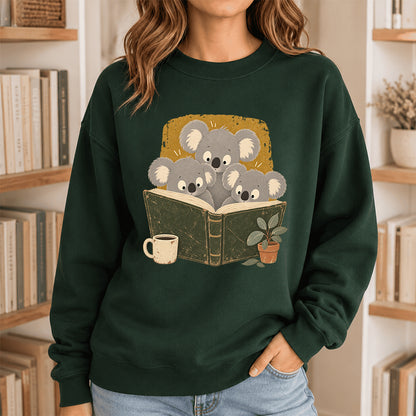 Minimal Japanese Koalas Reading Crewneck Sweatshirt | Reader Gift Forest Green