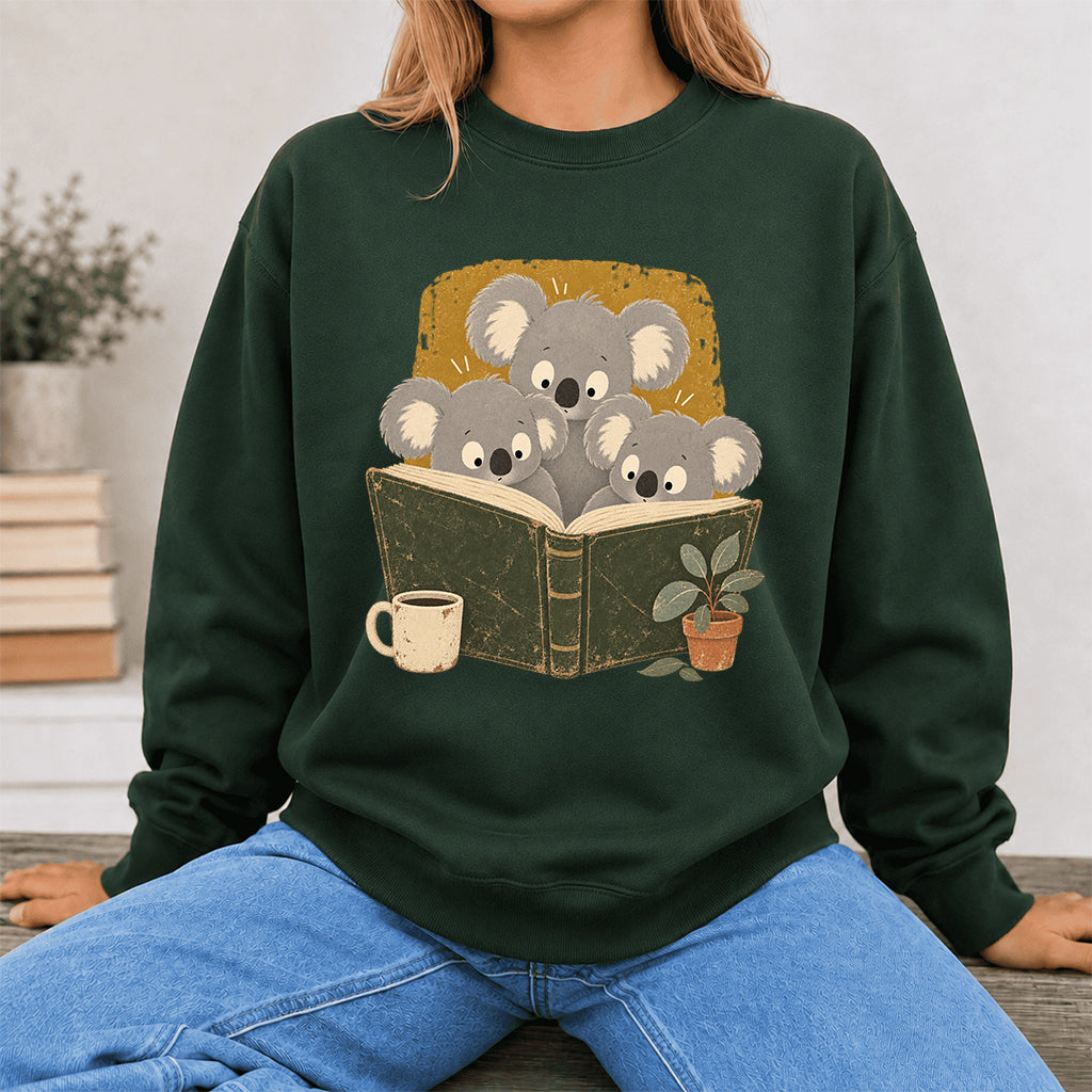 Minimal Japanese Koalas Reading Crewneck Sweatshirt | Reader Gift Forest Green