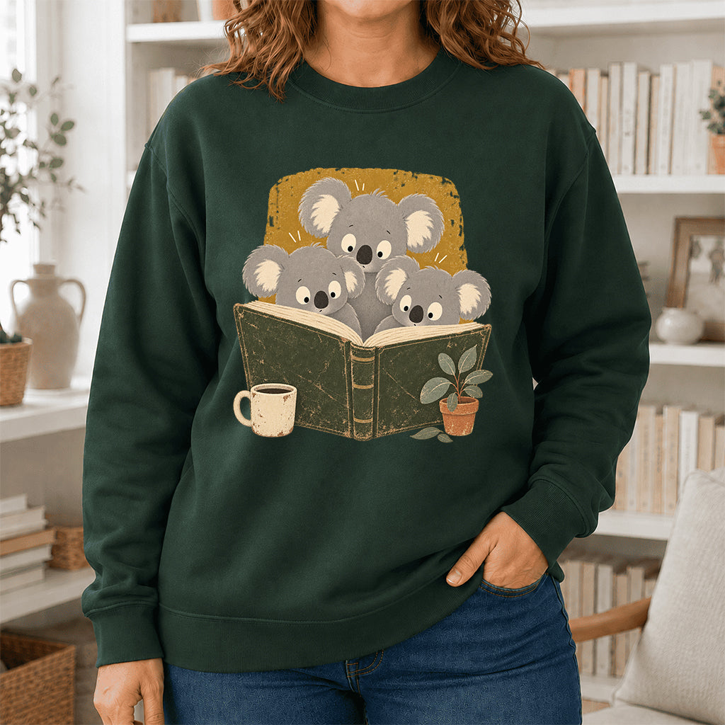 Minimal Japanese Koalas Reading Crewneck Sweatshirt | Reader Gift Forest Green