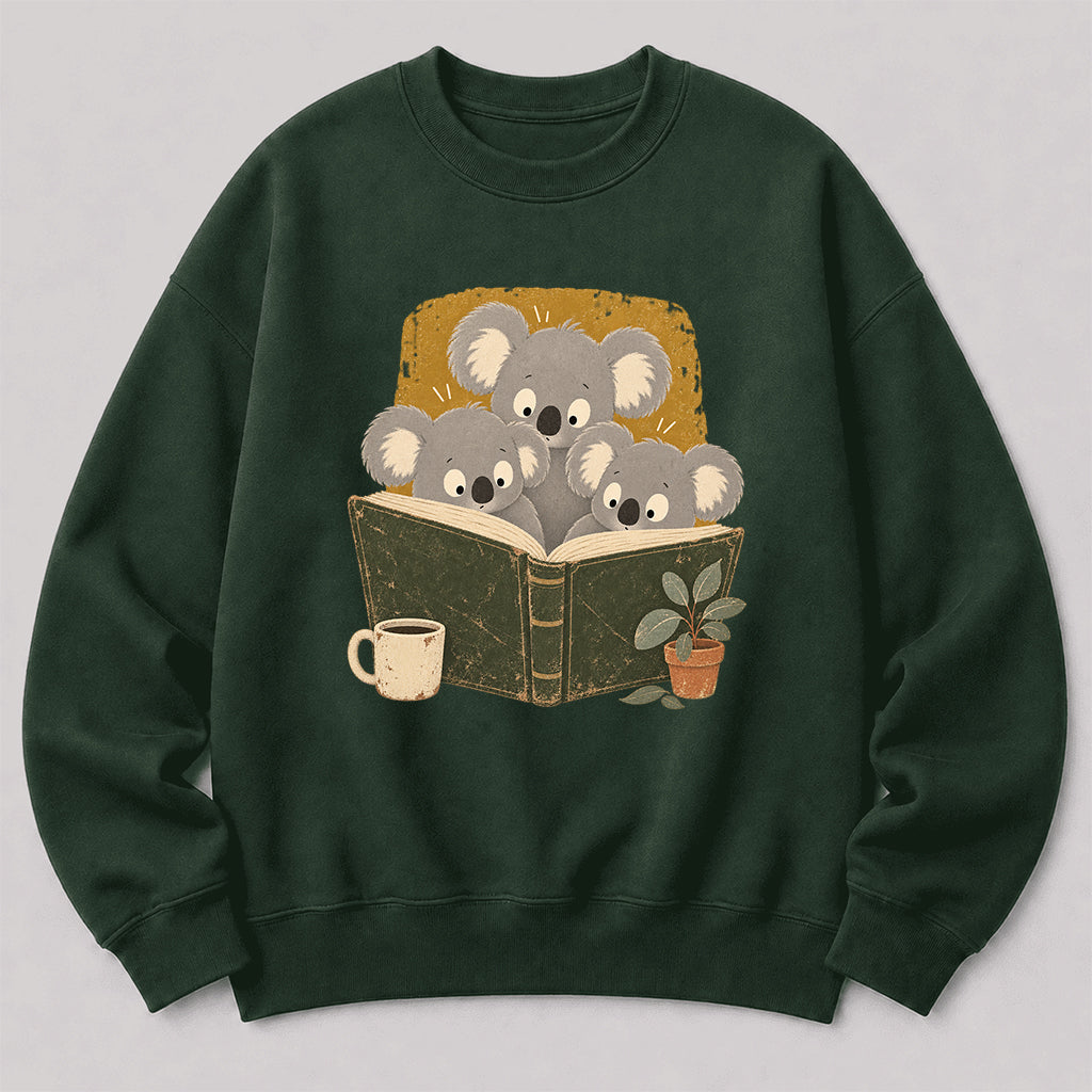 Minimal Japanese Koalas Reading Crewneck Sweatshirt | Reader Gift Forest Green