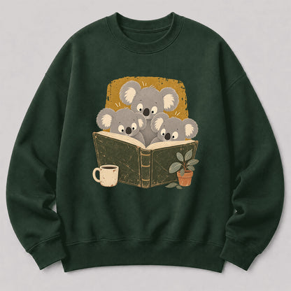Minimal Japanese Koalas Reading Crewneck Sweatshirt | Reader Gift Forest Green
