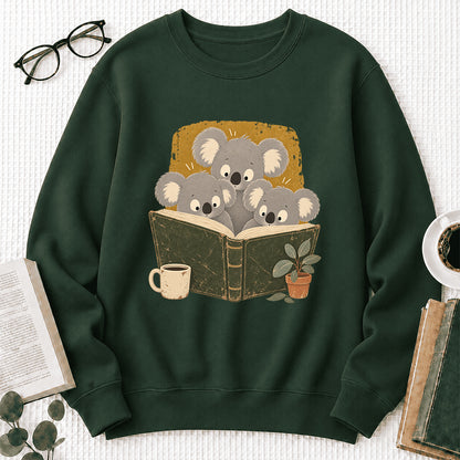 Minimal Japanese Koalas Reading Crewneck Sweatshirt | Reader Gift Forest Green