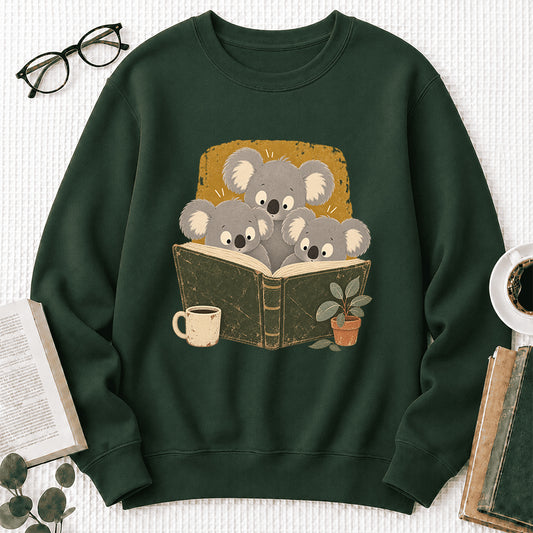 Minimal Japanese Koalas Reading Crewneck Sweatshirt | Reader Gift Forest Green