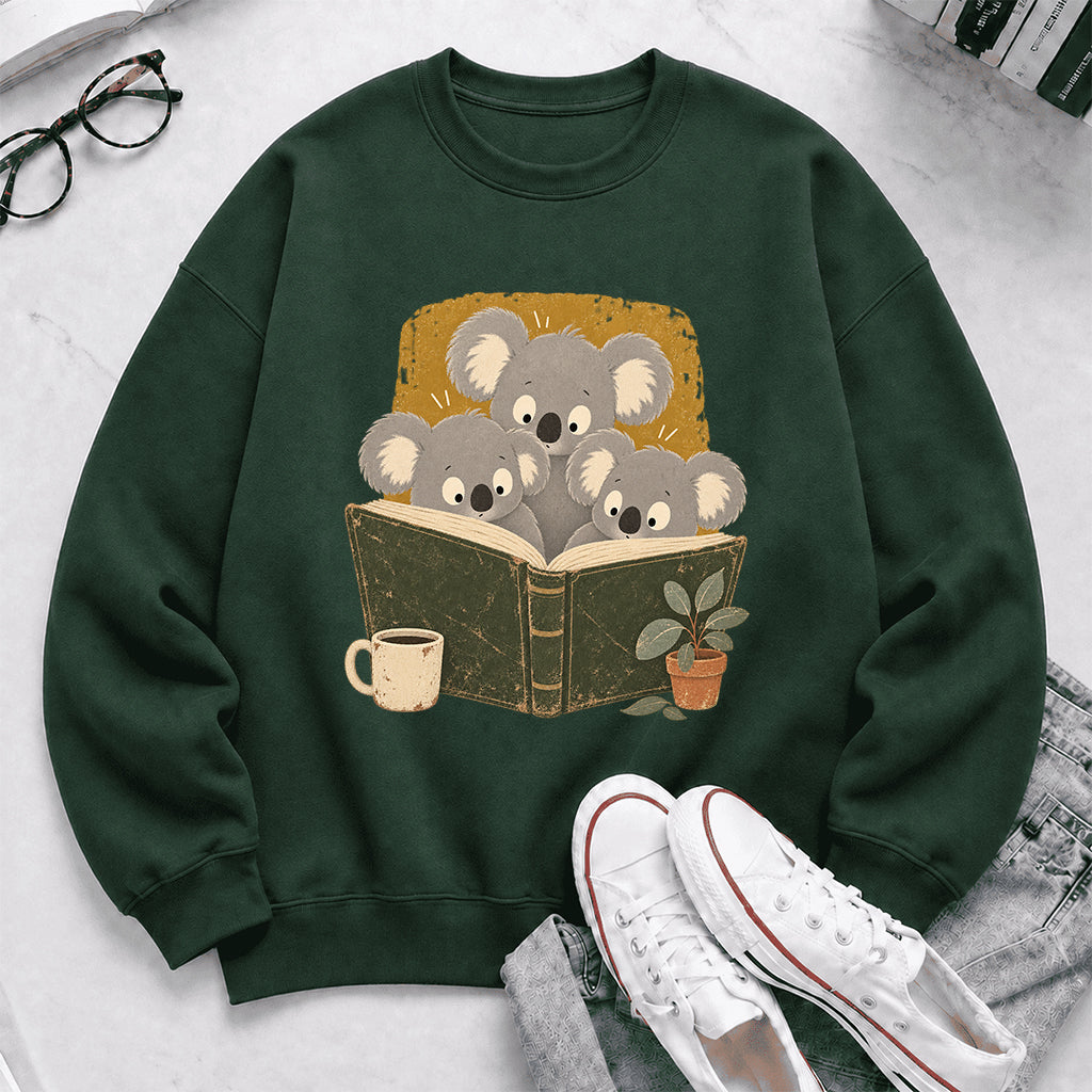 Minimal Japanese Koalas Reading Crewneck Sweatshirt | Reader Gift Forest Green