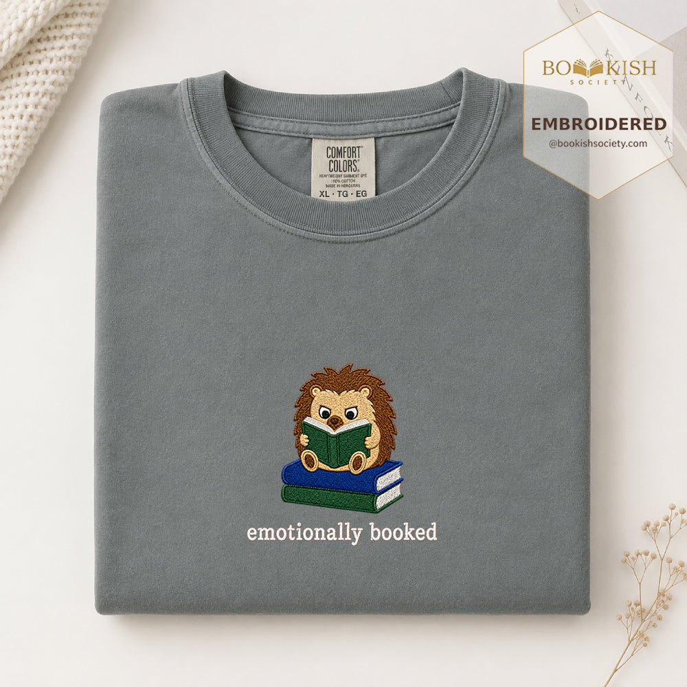 Emotionally Booked Embroidered Comfort Colors® T-shirt | Book Lover Gift Granite