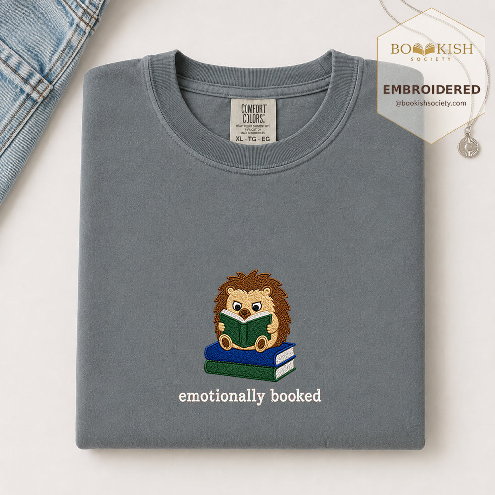 Emotionally Booked Embroidered Comfort Colors® T-shirt | Book Lover Gift Granite