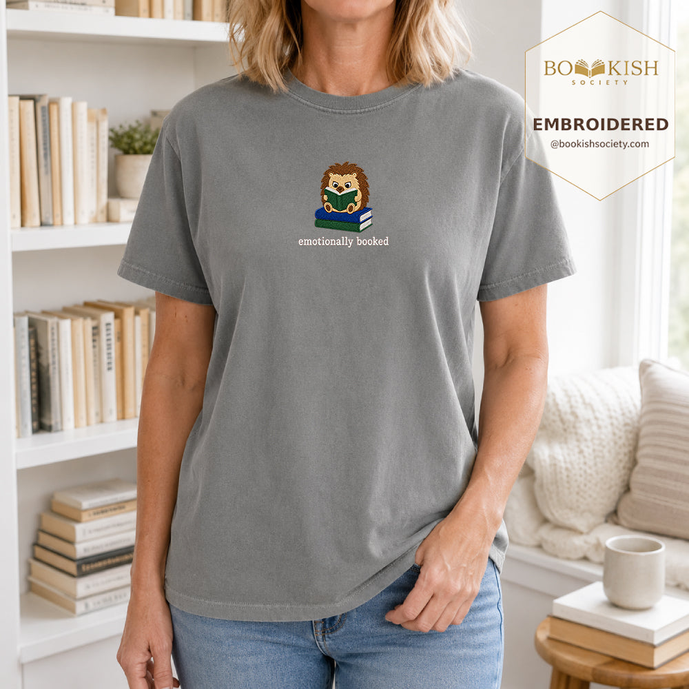 Emotionally Booked Embroidered Comfort Colors® T-shirt | Book Lover Gift Granite