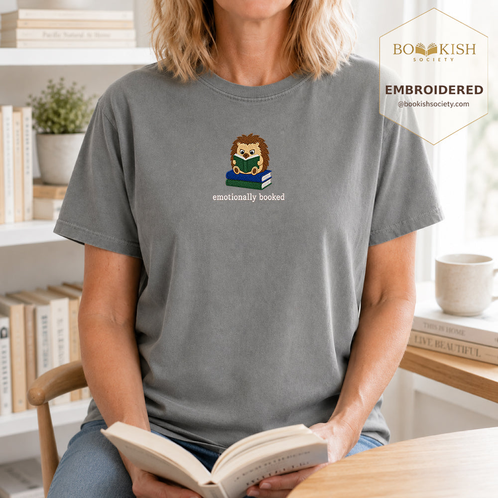Emotionally Booked Embroidered Comfort Colors® T-shirt | Book Lover Gift Granite