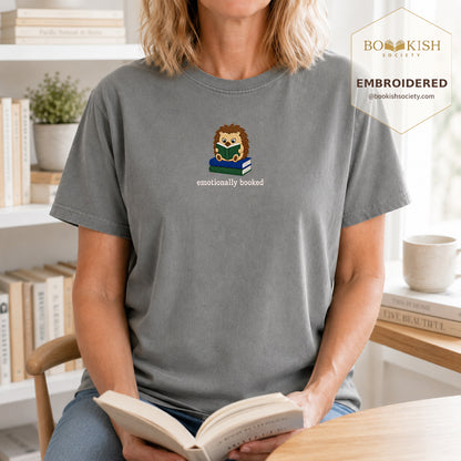 Emotionally Booked Embroidered Comfort Colors® T-shirt | Book Lover Gift Granite