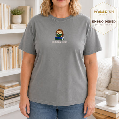 Emotionally Booked Embroidered Comfort Colors® T-shirt | Book Lover Gift Granite