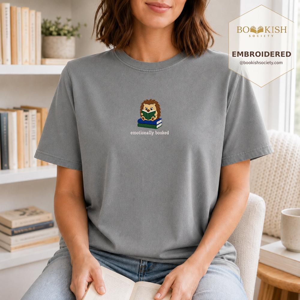 Emotionally Booked Embroidered Comfort Colors® T-shirt | Book Lover Gift Granite