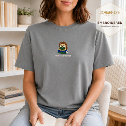 Emotionally Booked Embroidered Comfort Colors® T-shirt | Book Lover Gift Granite