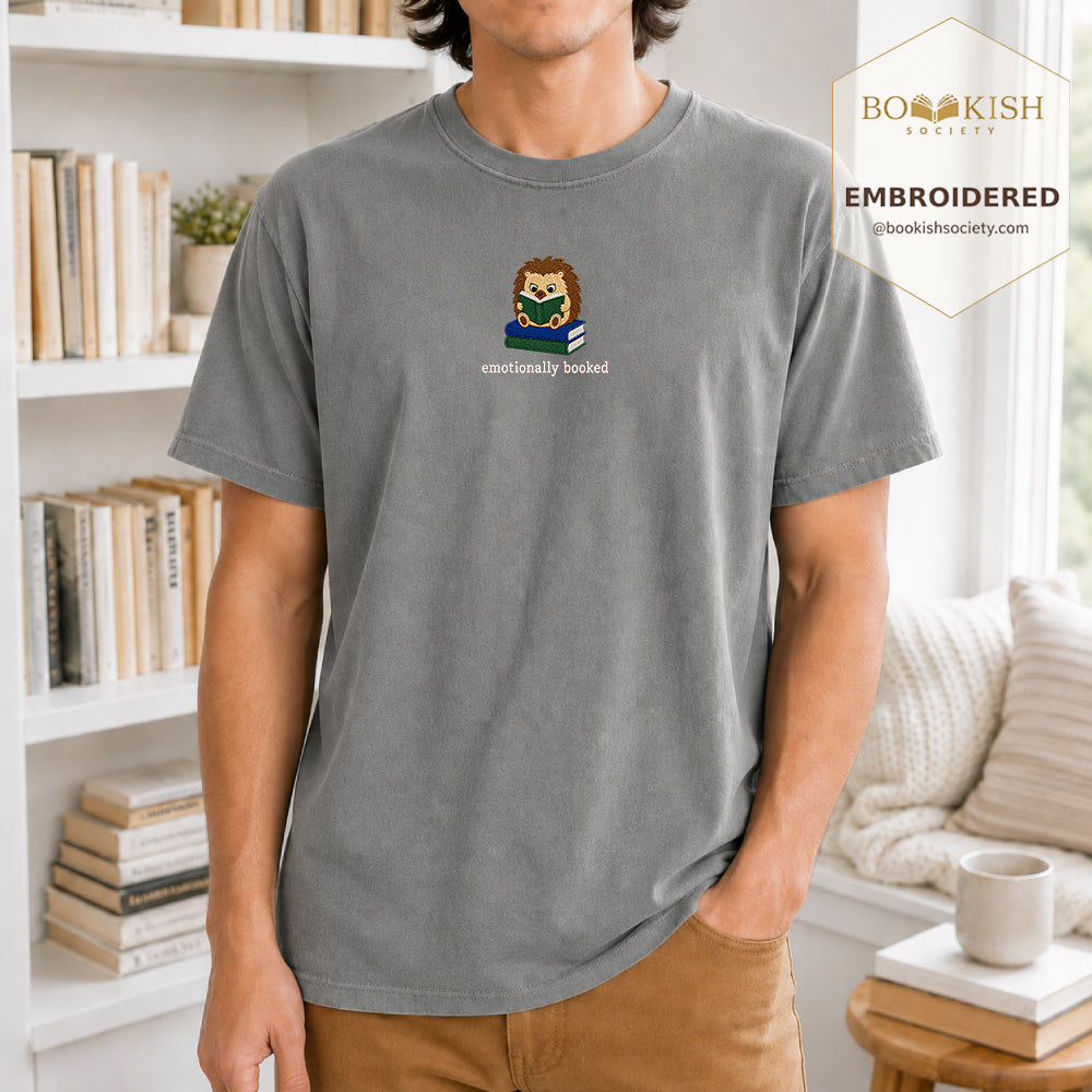 Emotionally Booked Embroidered Comfort Colors® T-shirt | Book Lover Gift Granite