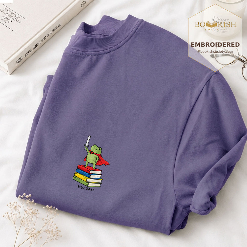 Embroidered Huzzah Cute Frog Comfort Color ® T-shirt Book Lover Gift Grape