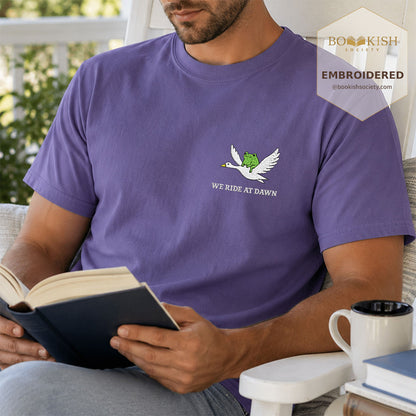 Embroidered We Ride at Dawn Comfort Color ® T-shirt Book Lover Gift Grape