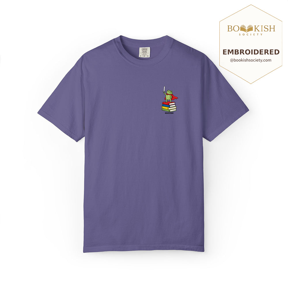 Embroidered Huzzah Cute Frog Comfort Color ® T-shirt Book Lover Gift Grape