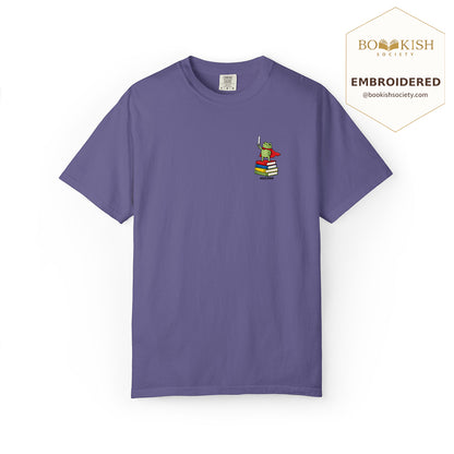 Embroidered Huzzah Cute Frog Comfort Color ® T-shirt Book Lover Gift Grape