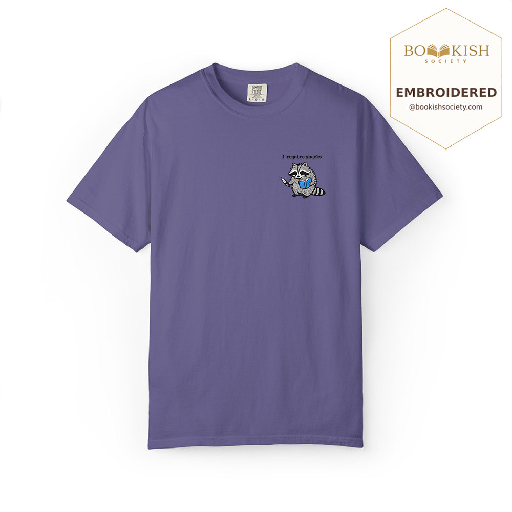 Embroidered I Require Snacks Comfort Color ® T-shirt Book Lover Gift Grape