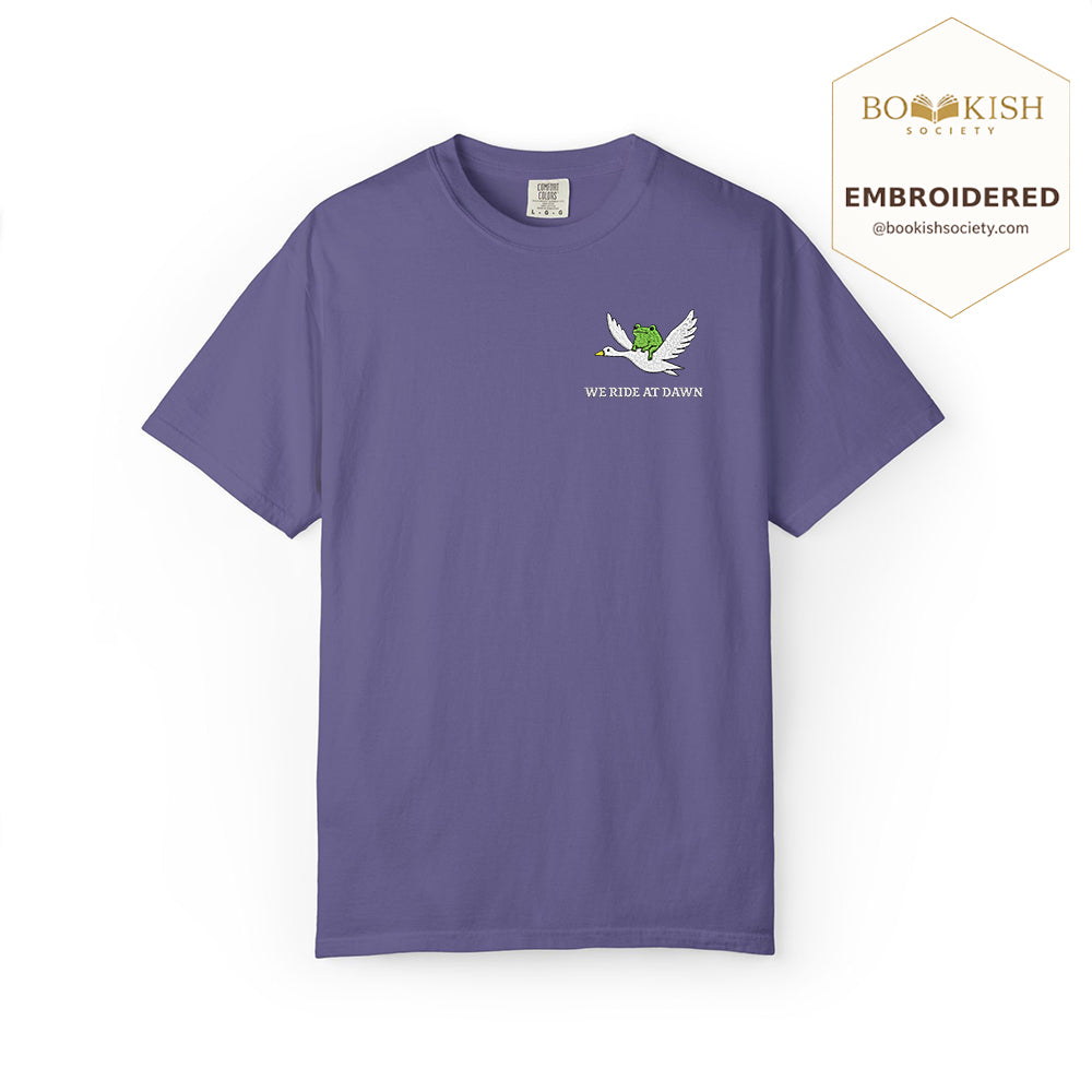 Embroidered We Ride at Dawn Comfort Color ® T-shirt Book Lover Gift Grape