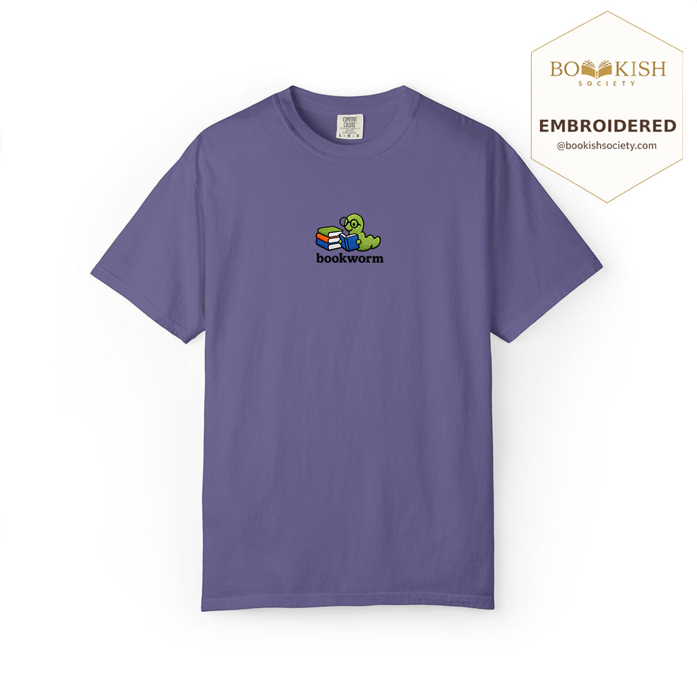 Embroidered Bookworm Comfort Color ® T-shirt Book Lover Gift Grape