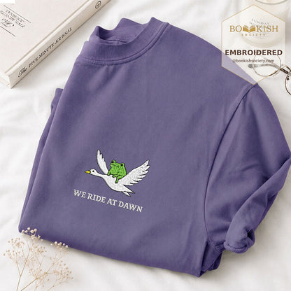 Embroidered We Ride at Dawn Comfort Color ® T-shirt Book Lover Gift Grape