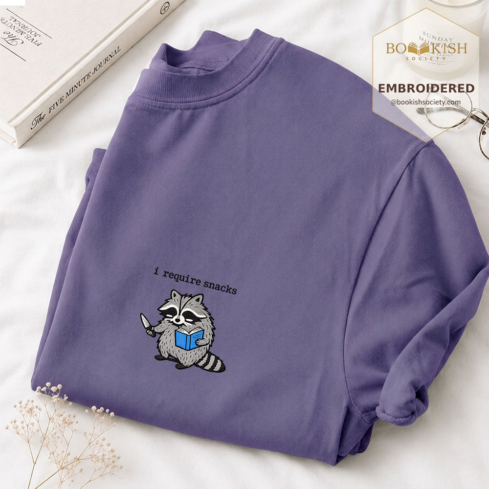 Embroidered I Require Snacks Comfort Color ® T-shirt Book Lover Gift Grape