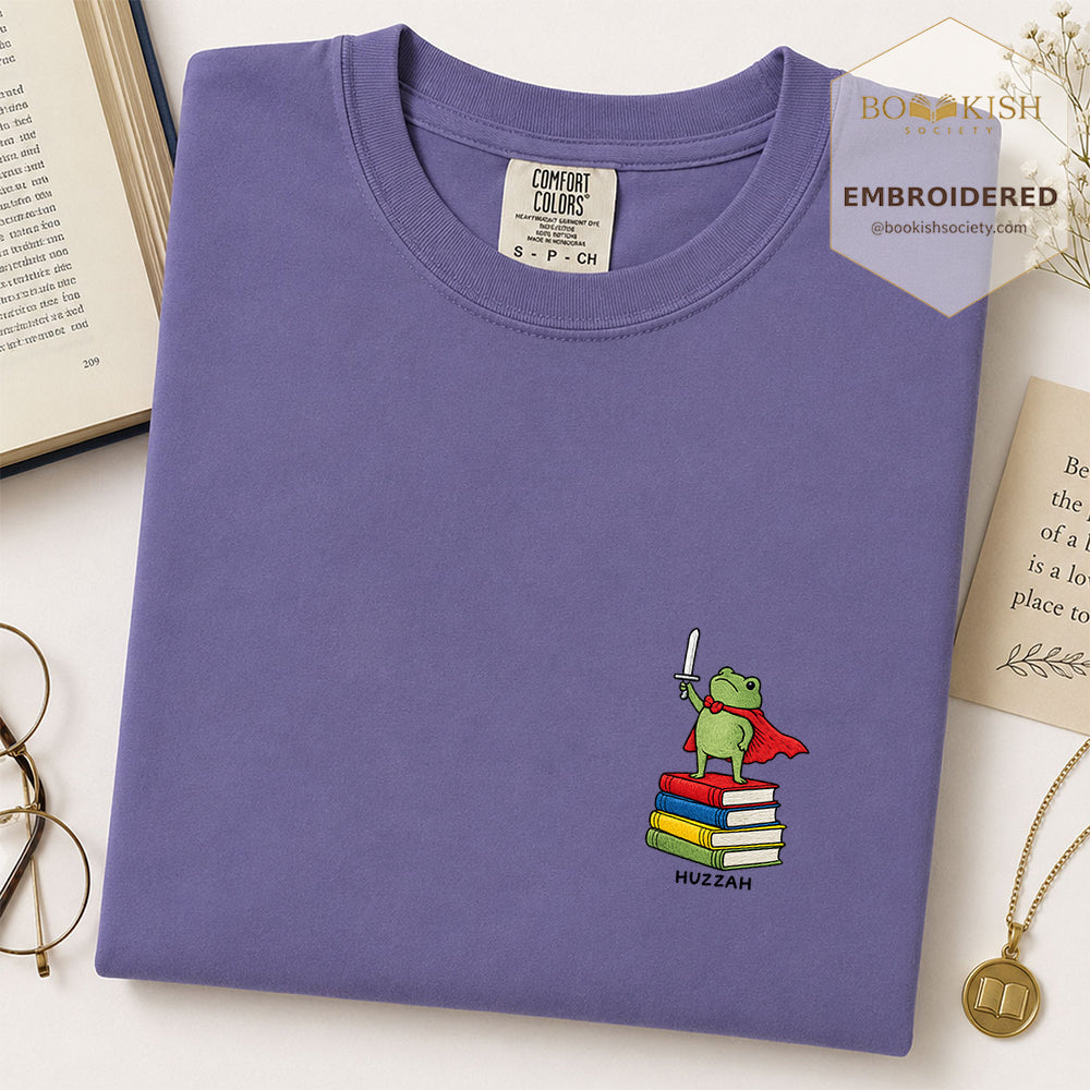 Embroidered Huzzah Cute Frog Comfort Color ® T-shirt Book Lover Gift Grape