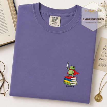 Embroidered Huzzah Cute Frog Comfort Color ® T-shirt Book Lover Gift Grape