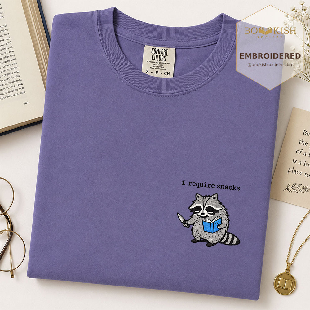 Embroidered I Require Snacks Comfort Color ® T-shirt Book Lover Gift Grape