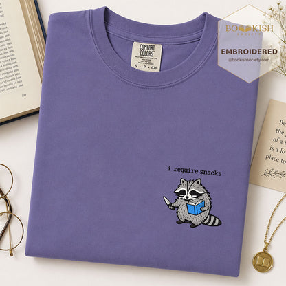 Embroidered I Require Snacks Comfort Color ® T-shirt Book Lover Gift Grape
