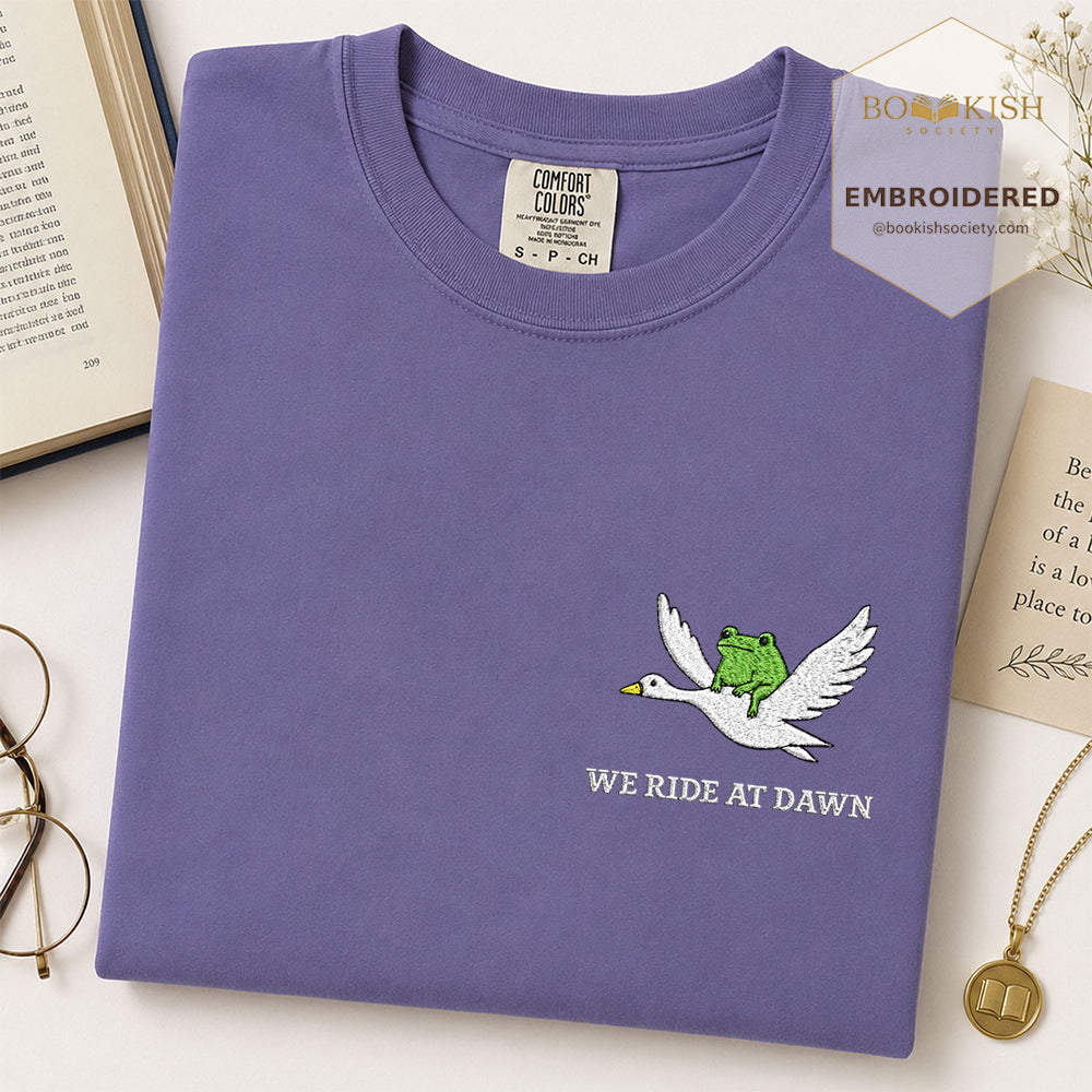 Embroidered We Ride at Dawn Comfort Color ® T-shirt Book Lover Gift Grape