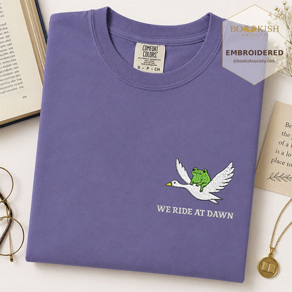 Embroidered We Ride at Dawn Comfort Color ® T-shirt Book Lover Gift Grape