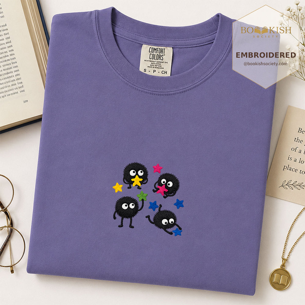Embroidered Sprite Catching Star Candy Comfort Color ® T-shirt Book Lover Gift grape