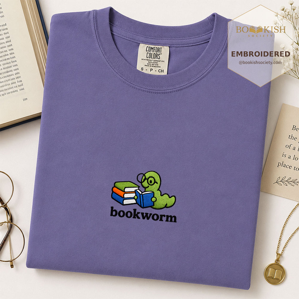Embroidered Bookworm Comfort Color ® T-shirt Book Lover Gift Grape